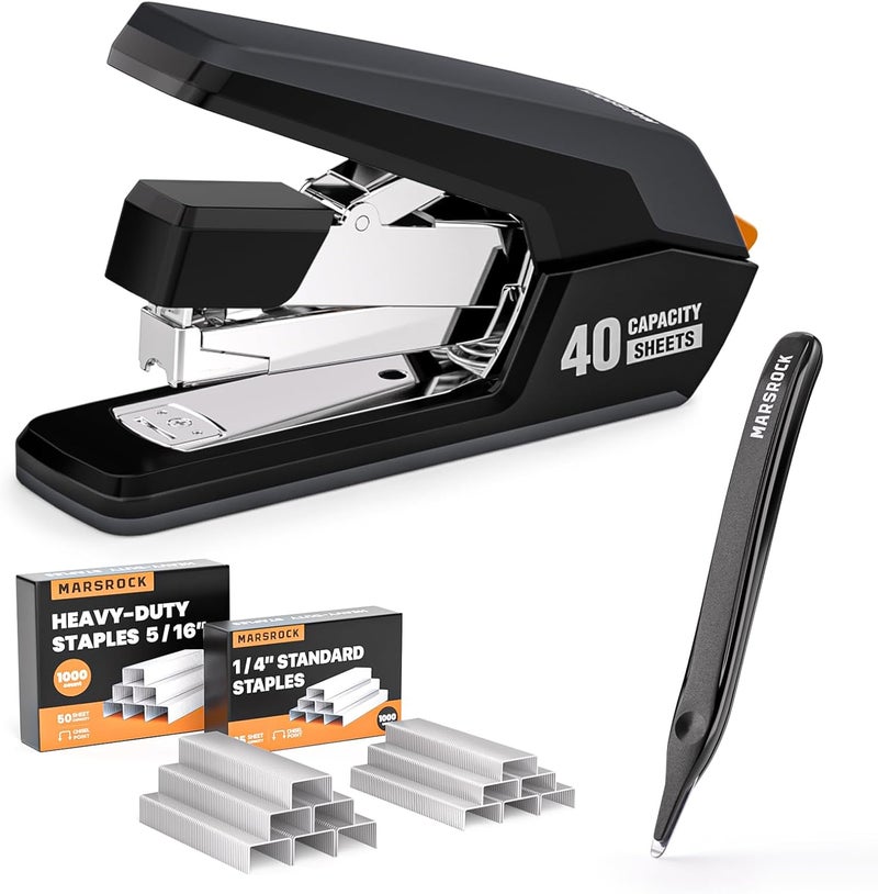 Mars-Rock Effortless Stapler for Desk with 40-50 Sheet Capacity, 2000 Staples, 1-Touch Stapling, Ergonomic & Easy to Load Desktop Staplers, Heavy Duty Stapler, and Magnetic Staple Remover, Black - Image 1